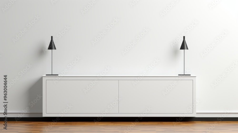 Interior of modern living room with white walls, wooden floor and white chest of drawers Interior of modern living room with white walls, wooden floor and white chest of drawers