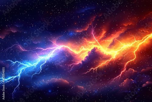 Dramatic celestial storm with colorful lightning and fiery clouds