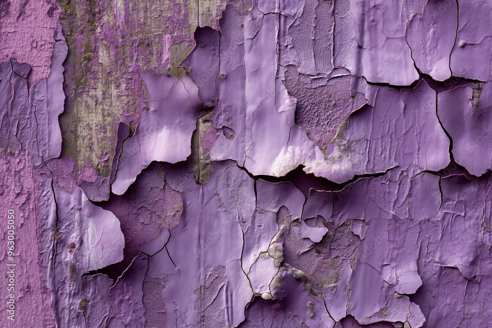 Fototapeta premium Weathered purple wall with peeling paint layers. Close-up view of old building exterior. Historical textured surface with white and gray patches. Urban decay concept.