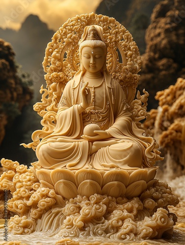 A serene Guan Shiyin Bodhisattva surrounded by golden clouds, with mountains in the background, and waves gently flowing in the foreground, in HD Gongbi style.