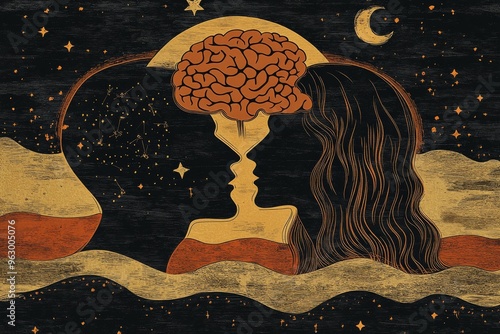 Neuronal function Neural performance Artistic surreal depiction of a couple under the moonlight with glowing brain elements symbolizing intellectual depth emotional intimacy and shared dreams