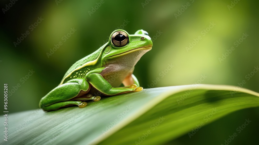 A vivid green frog delicately perched on a natural, textured leaf backdrop. It evokes a peaceful and serene environment in a jungle setting. A vivid green frog delicately perched on a natural, textured leaf backdrop. It evokes a peaceful and serene environment in a jungle setting.