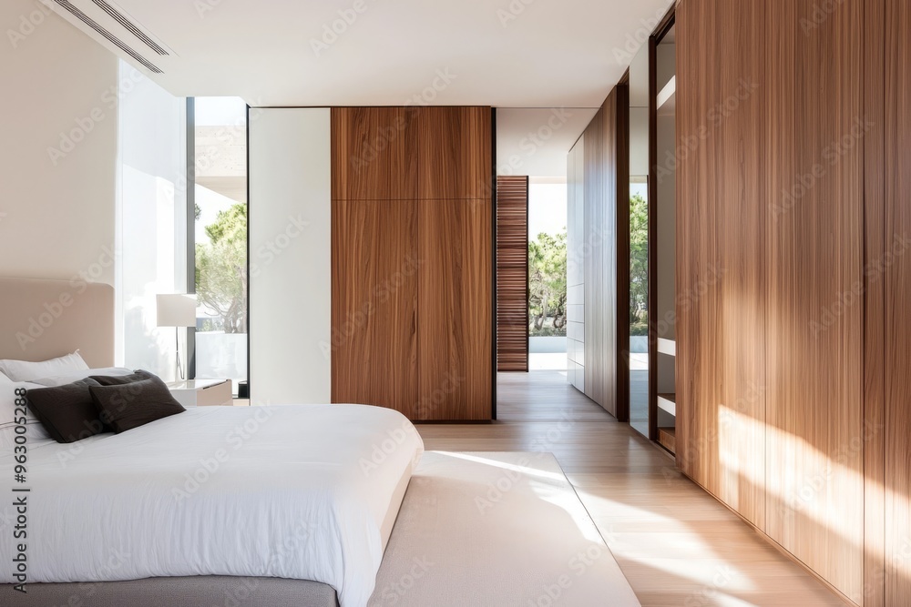 Spacious, bright bedroom with wooden accents, clean lines, and natural sunlight pouring through large windows. Spacious, bright bedroom with wooden accents, clean lines, and natural sunlight pouring through large windows.