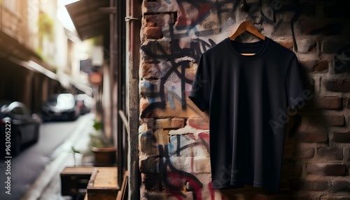 Black T-Shirt Hanging Against Vintage Brick Wall Urban Street Art Background, Fashion Concept, Rustic Window Display, Casual Clothing, Moody Atmosphere, Daylight