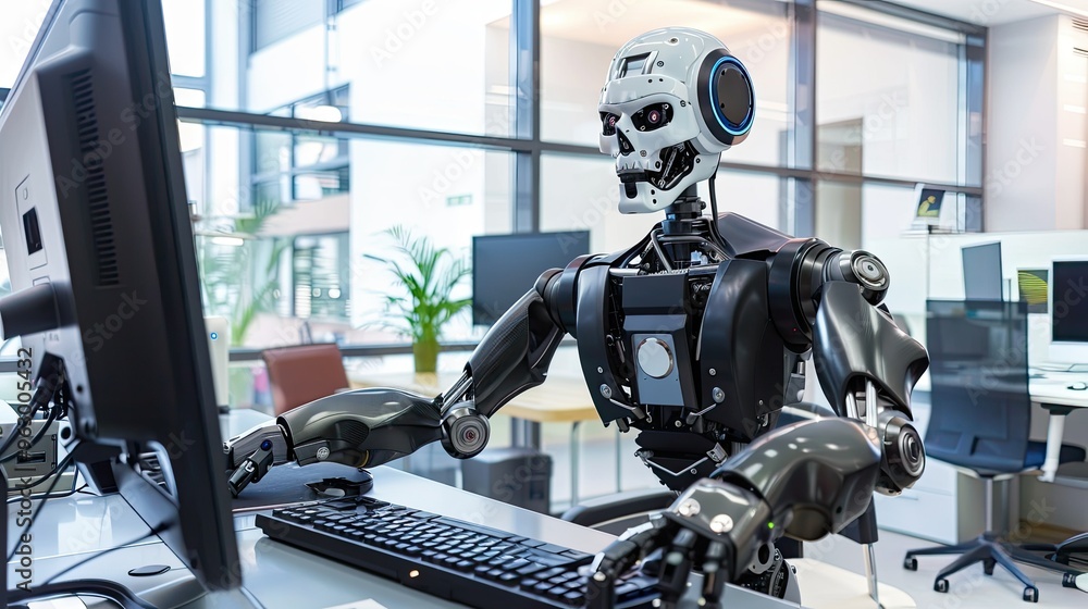 robot working on computer in office at night time robot working on computer in office at night time