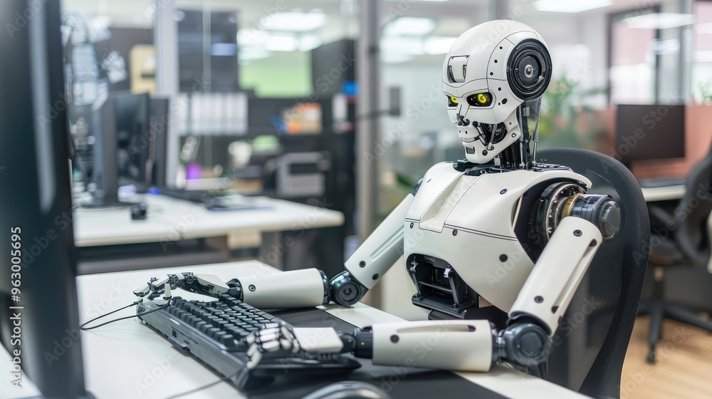 robot working on computer in office at night time robot working on computer in office at night time