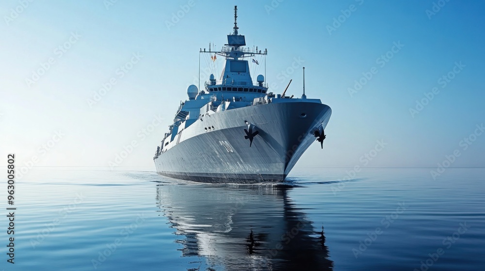 Large modern warships sail in calm waters. clear blue sky sea Large modern warships sail in calm waters. clear blue sky sea
