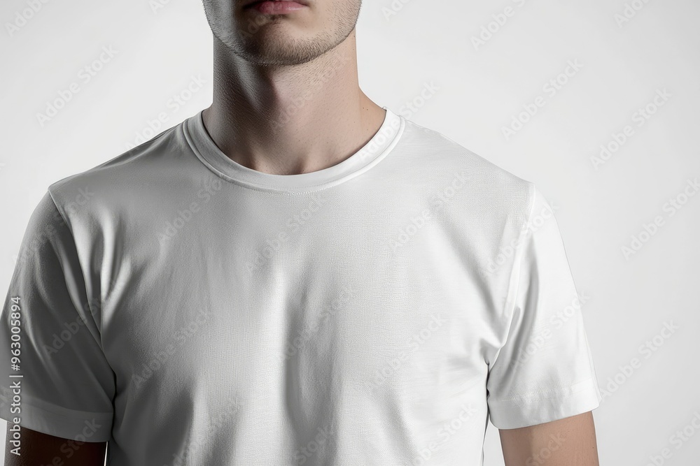 Fototapeta premium Close-up of a plain white t-shirt on a male model.