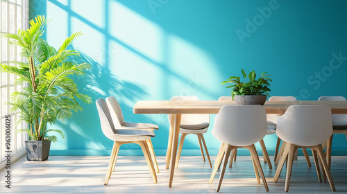 A modern dining room, featuring a large wooden table and stylish chairs near a vibrant blue wall, with natural light flooding the space. photo