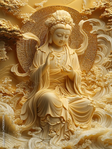 A peaceful Guan Shiyin Bodhisattva with a golden halo, surrounded by golden clouds, flowing rivers, and waves, rendered in fine Chinese Gongbi style.