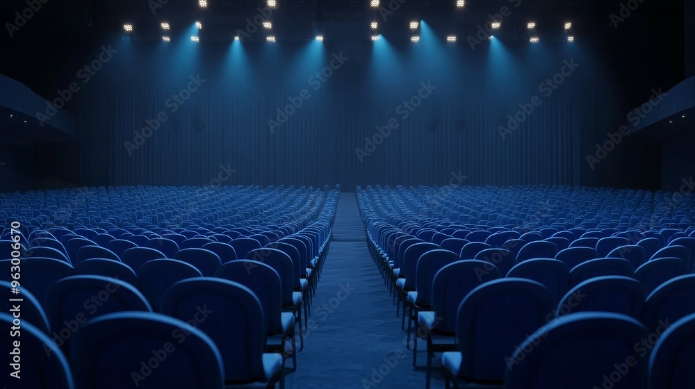 Naklejka premium Empty theater with rows of blue chairs and stage lights creating a dramatic atmosphere