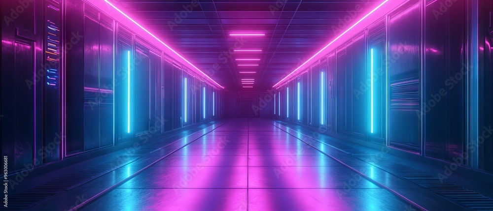 futuristic corridor illustration with glowing purple and blue neon lights, abstract digital design for sci-fi themes, modern architecture visuals, and high-tech environment concepts, perfect for virtu futuristic corridor illustration with glowing purple and blue neon lights, abstract digital design for sci-fi themes, modern architecture visuals, and high-tech environment concepts, perfect for virtu