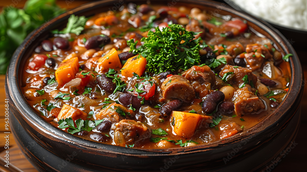 Festive image of a Brazilian feijoada stew from Rio de Janeiro Brazil with black beans pork sausage and farofa At carnival celebrations this hearty cuisine represents joy and festivity Festive image of a Brazilian feijoada stew from Rio de Janeiro Brazil with black beans pork sausage and farofa At carnival celebrations this hearty cuisine represents joy and festivity