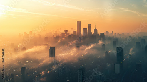 An aerial view of a thriving city shrouded in dust and smog.