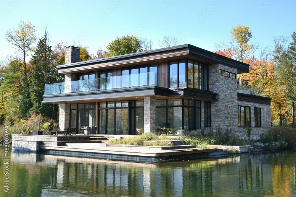 Modern stone house by a serene lake in autumn. Modern stone house by a serene lake in autumn.