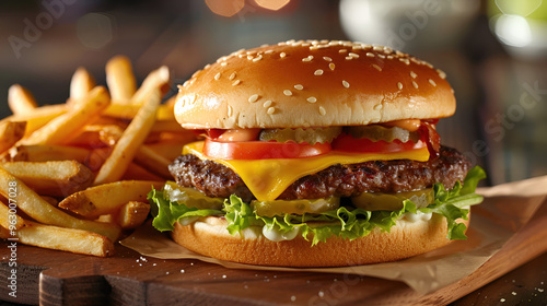 Close-up of a ready-to-eat hamburger and french fries. photo