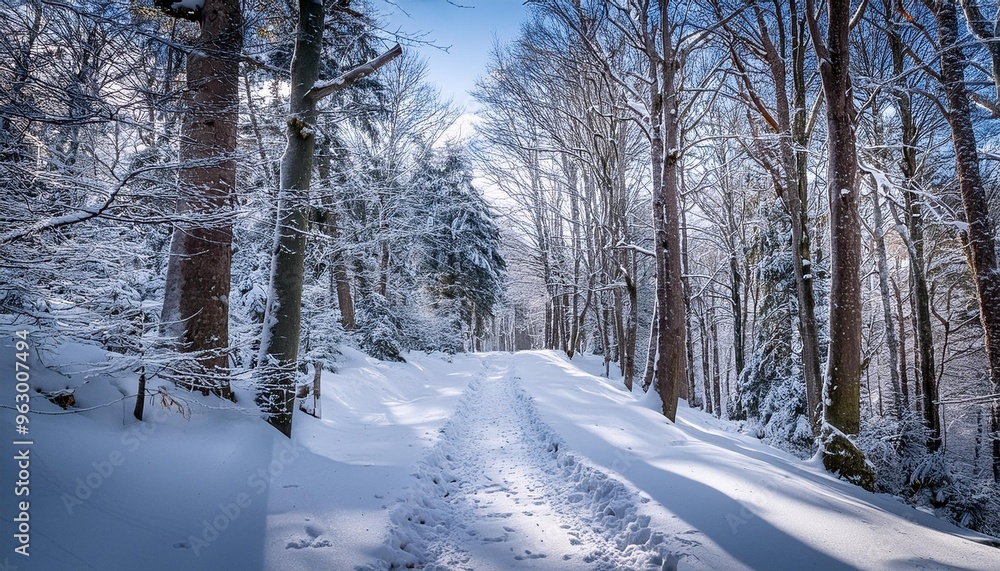 Obraz premium Snow-covered trail through woods