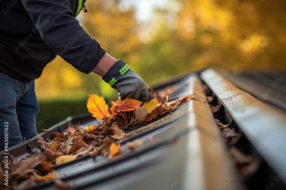 Close-up of a man cleaning gutters. black roof in autumn Close-up of a man cleaning gutters. black roof in autumn