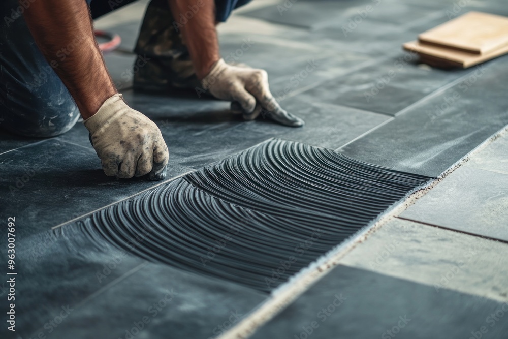Workers place ceramic floor tiles on the adhesive surface. Workers place ceramic floor tiles on the adhesive surface.