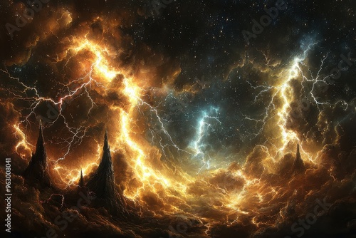 Dramatic cosmic storm in the deep space with swirling clouds of gas and lightning