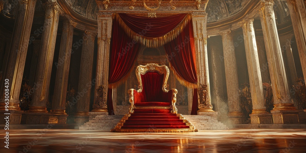 Grand throne room with golden pillars and red carpet. Grand throne room with golden pillars and red carpet.