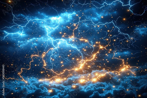 Dramatic cosmic storm of electric lightning and fiery energy