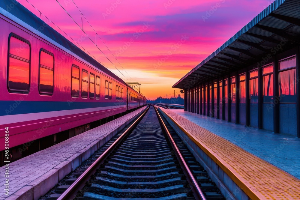 Train station at dawn, bathed in soft pink light, with trains ready to depart, train station dawn, early morning commute Train station at dawn, bathed in soft pink light, with trains ready to depart, train station dawn, early morning commute