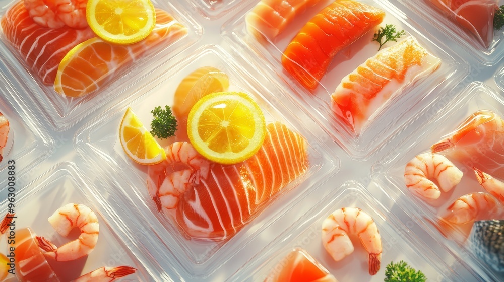 Fresh salmon fillet in a plastic container, ready for sale with garnishing Fresh salmon fillet in a plastic container, ready for sale with garnishing