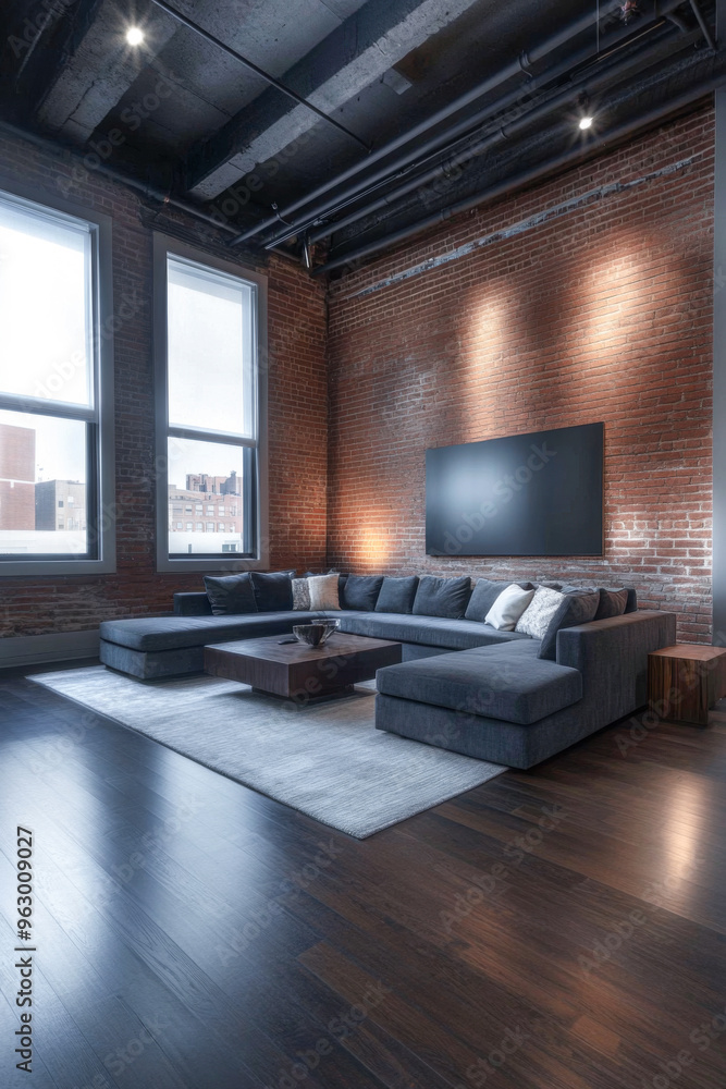 Fototapeta premium Urban loft living room with dark industrial design and cozy lighting. Contemporary Interior design composition
