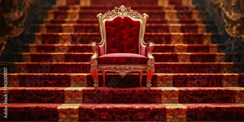 Golden throne on red carpeted stairs. photo