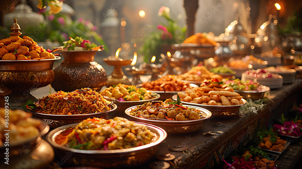 Lively Indian wedding scene lavish spread of biryani samosas Mumbai Feel wishes prosperity happiness guests indulge in rich Indian spices amidst the vibrant cultural celebrations of Maharashtra India Lively Indian wedding scene lavish spread of biryani samosas Mumbai Feel wishes prosperity happiness guests indulge in rich Indian spices amidst the vibrant cultural celebrations of Maharashtra India