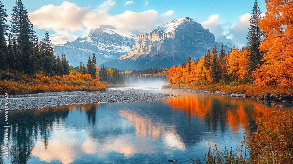 Majestic Mountain Peak Reflected in a Still River Surrounded by Autumn Trees Majestic Mountain Peak Reflected in a Still River Surrounded by Autumn Trees