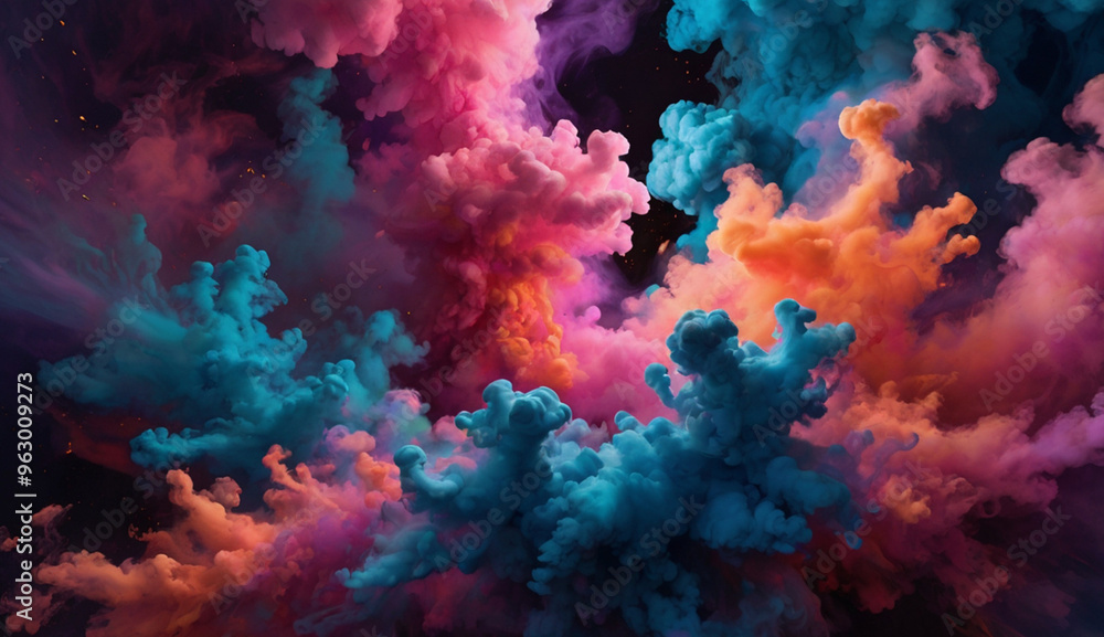 Vibrant clouds of colorful smoke in pink, blue, orange, and purple swirl and mix together against a dark background, creating a dynamic and dreamlike effect. Vibrant clouds of colorful smoke in pink, blue, orange, and purple swirl and mix together against a dark background, creating a dynamic and dreamlike effect.