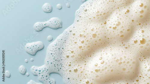 Close-up illustration of beige soap bubbles forming a foamy texture on a blue background. Skin care cosmetic product