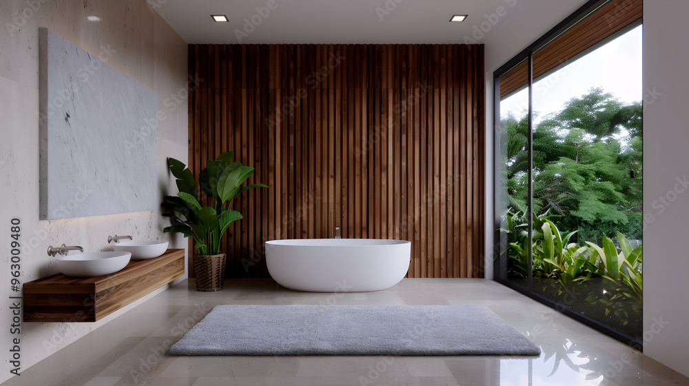 Fototapeta premium Modern Bathroom With Marble Fixtures Light Brown