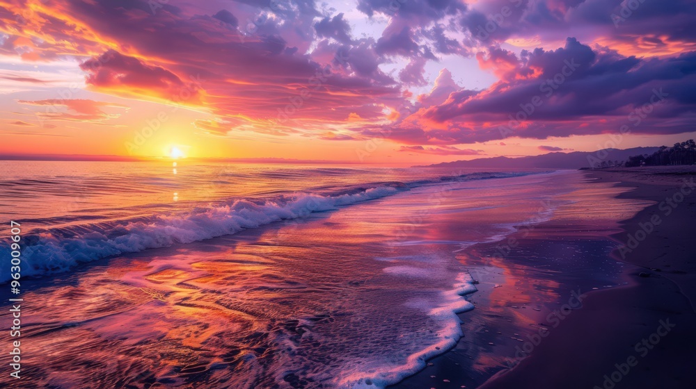 A picturesque beach sunset with a colorful sky transitioning from bright orange to deep purple, and the waves gently lapping against the shore in the fading light A picturesque beach sunset with a colorful sky transitioning from bright orange to deep purple, and the waves gently lapping against the shore in the fading light