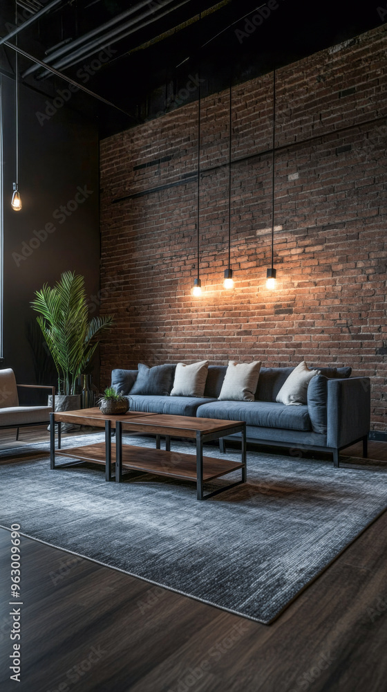 Naklejka premium Urban loft living room with dark industrial design and cozy lighting. Contemporary Interior design composition