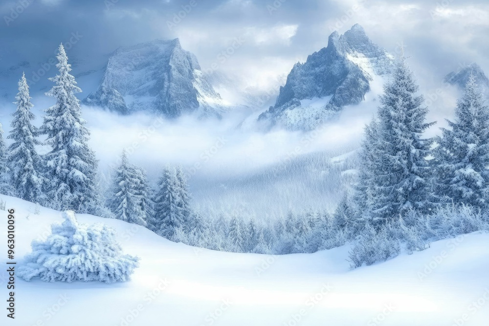 Obraz premium Serene winter landscape with snow-covered mountains.