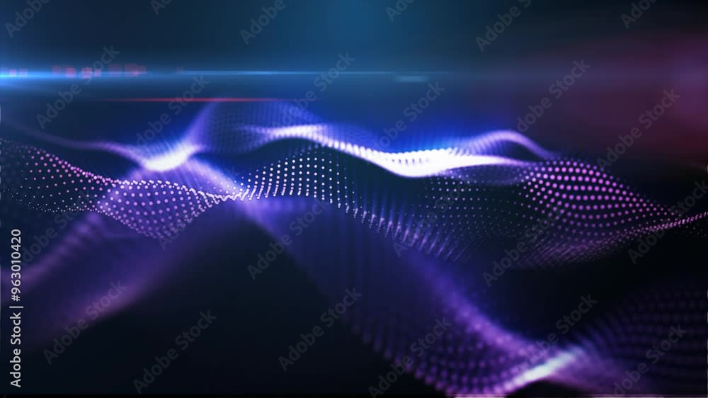 A mesmerizing display of purple glowing particle waves, representing abstract energy flows against a dark background, video in high quality 4k, motion design A mesmerizing display of purple glowing particle waves, representing abstract energy flows against a dark background, video in high quality 4k, motion design