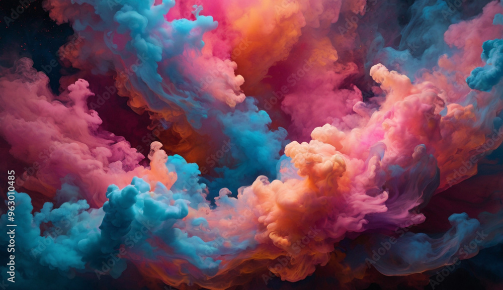 Vibrant clouds of colorful smoke in pink, blue, orange, and purple swirl and mix together against a dark background, creating a dynamic and dreamlike effect. Vibrant clouds of colorful smoke in pink, blue, orange, and purple swirl and mix together against a dark background, creating a dynamic and dreamlike effect.