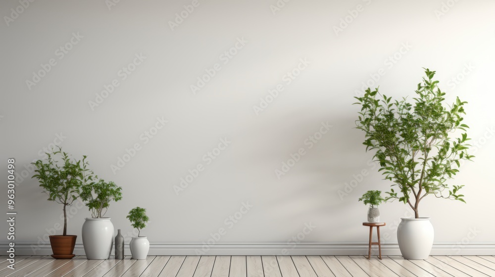 interior with plant on white wall and wooden floor interior with plant on white wall and wooden floor