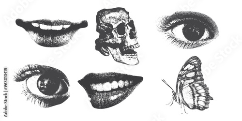 Eyes, skull, butterfly, Mouth and lips in scream, for grunge punk y2k collage design, with monochrome photocopy effect