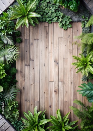 top view of a wooden attic surrounded by greenery