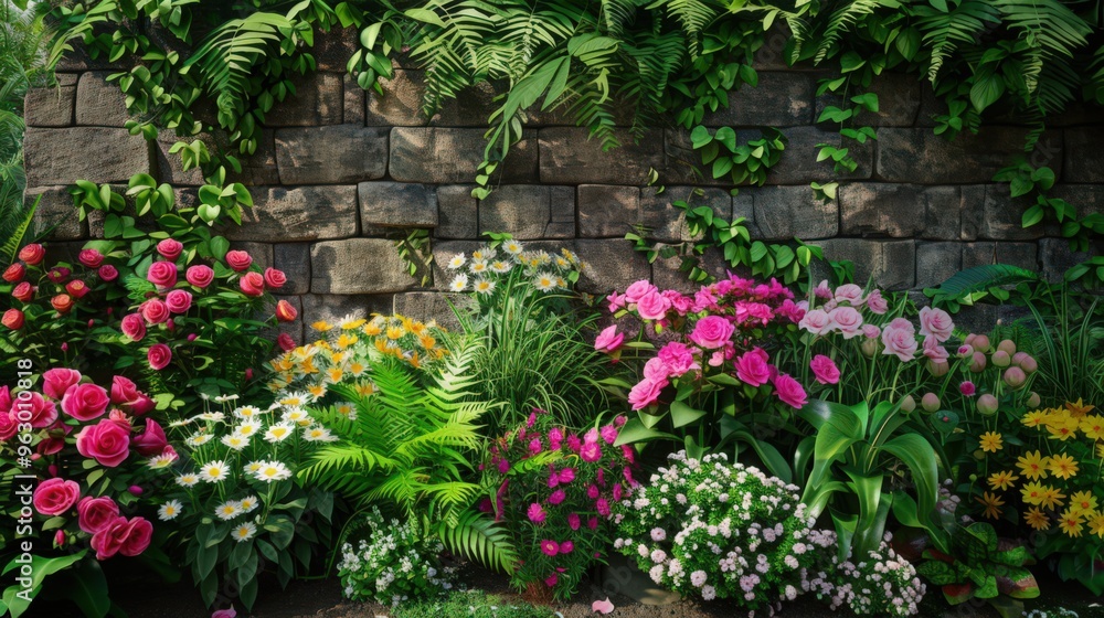 A picturesque flower garden with an assortment of blooming roses, cheerful daisies, and lush green ferns, set against a rustic garden wall. A picturesque flower garden with an assortment of blooming roses, cheerful daisies, and lush green ferns, set against a rustic garden wall.