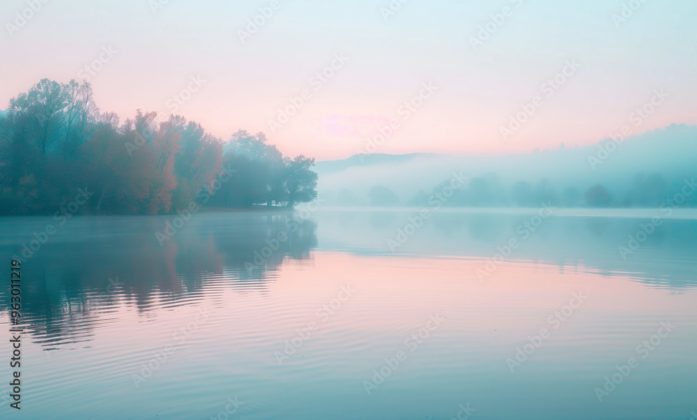 A tranquil landscape at dawn with soft, flowing fog over a serene lake A tranquil landscape at dawn with soft, flowing fog over a serene lake