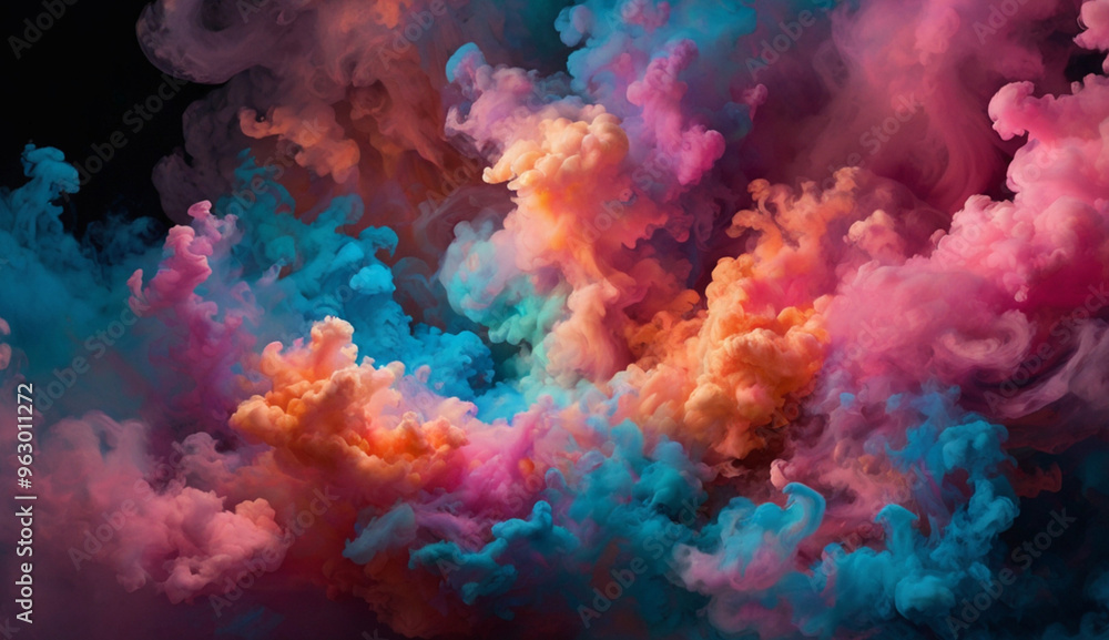 Vibrant clouds of colorful smoke in pink, blue, orange, and purple swirl and mix together against a dark background, creating a dynamic and dreamlike effect. Vibrant clouds of colorful smoke in pink, blue, orange, and purple swirl and mix together against a dark background, creating a dynamic and dreamlike effect.