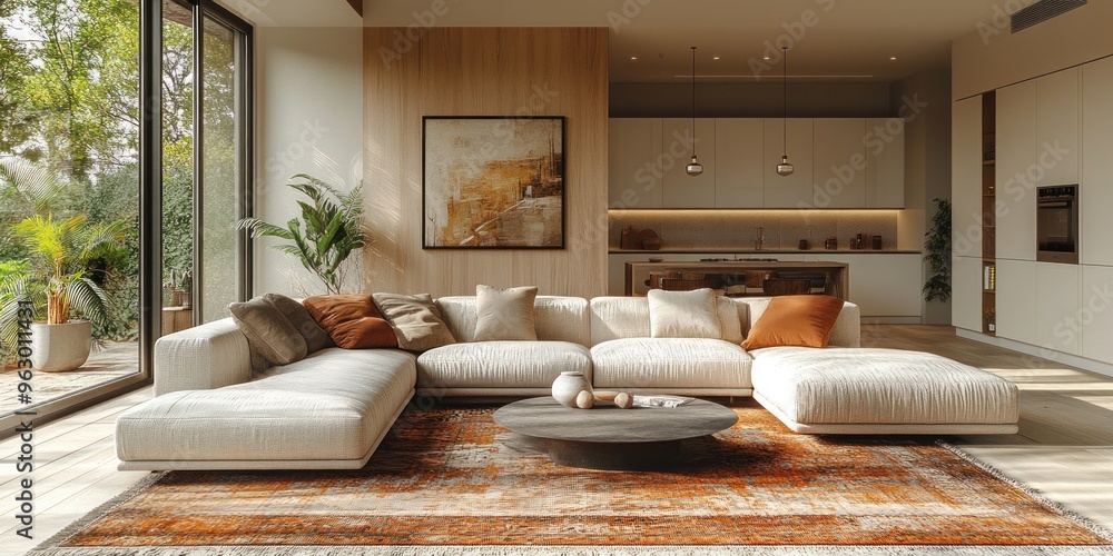 Modern Living Room Interior Design with Beige Sofa and Orange Rug Modern Living Room Interior Design with Beige Sofa and Orange Rug