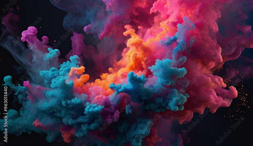 Vibrant clouds of colorful smoke in pink, blue, orange, and purple swirl and mix together against a dark background, creating a dynamic and dreamlike effect. Vibrant clouds of colorful smoke in pink, blue, orange, and purple swirl and mix together against a dark background, creating a dynamic and dreamlike effect.