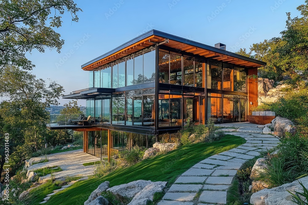 Modern glass house surrounded by nature and pathways. Modern glass house surrounded by nature and pathways.
