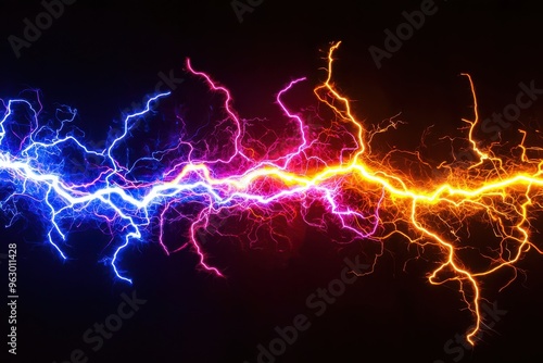 Dramatic electric lightning bolt storm with fiery sparks, abstract energy background